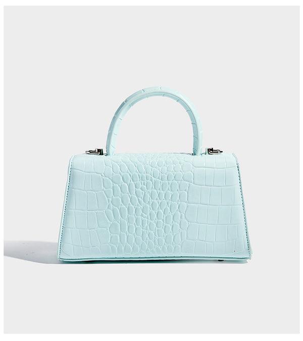 Mini croc-embossed glossy structured handbag with silver-tone turn-lock clasp and short top handle, detail view 13