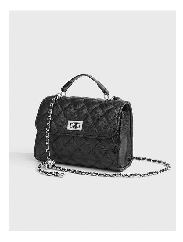 Small structured diamond-quilted flap satchel bag with silver-tone chain strap and turn-lock closure, detail view 18