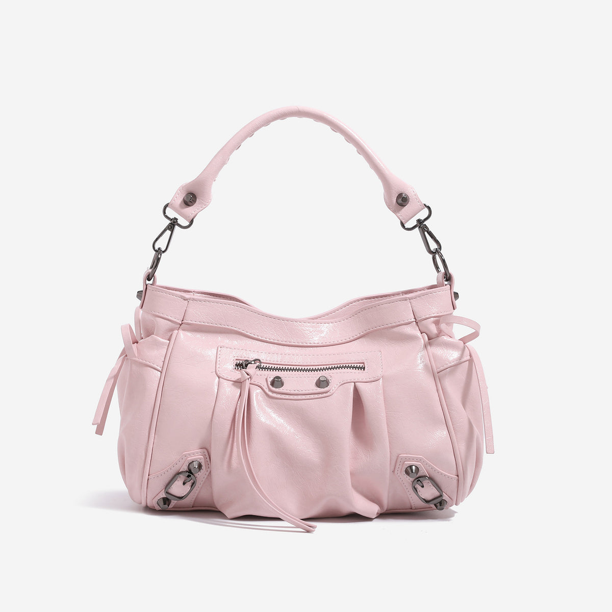Glossy crinkled slouchy shoulder bag with silver-tone studs, fringe tassel pulls, front zip pocket, and arched top handle