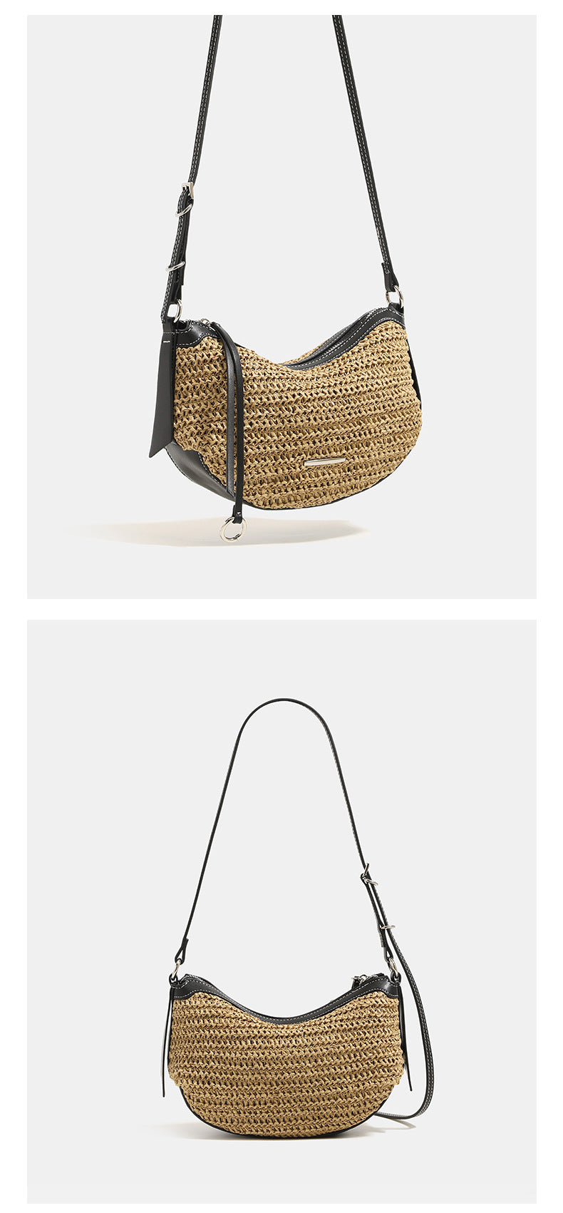 Compact crescent-shaped woven straw crossbody bag with black leather-look trim, top zip closure, and adjustable shoulder