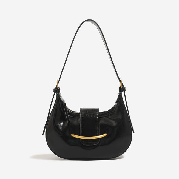 Compact crescent hobo shoulder bag with glossy synthetic finish, curved gold-tone front bar hardware, zip-top closure, and