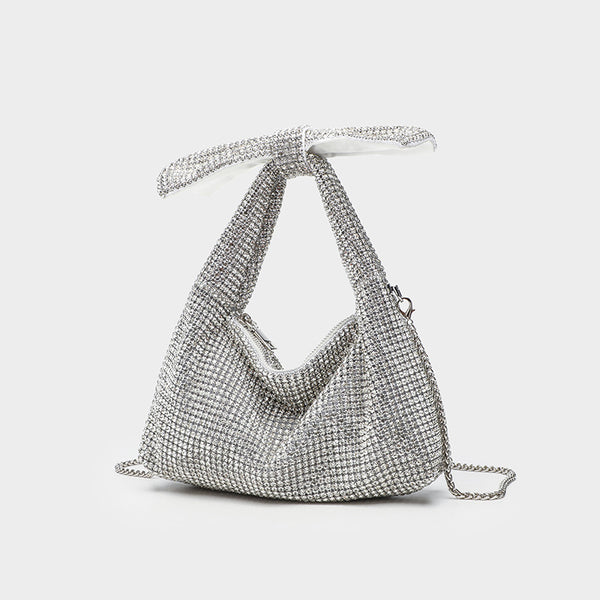 Schultertasche mit Schleife, vollständig mit Kristall-Strasssteinen besetzt, Kettenriemen und Reißverschluss, Detailansicht 9