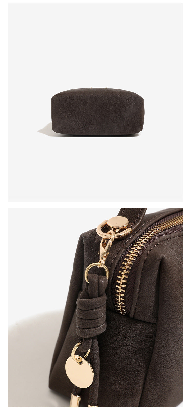 Mini-Crossbody-Tasche mit kastiger Form und Tragegriff, matter strukturierter Oberfläche in Lederoptik, Reißverschluss-Hardware in Goldoptik und seitlichem Quastendetail