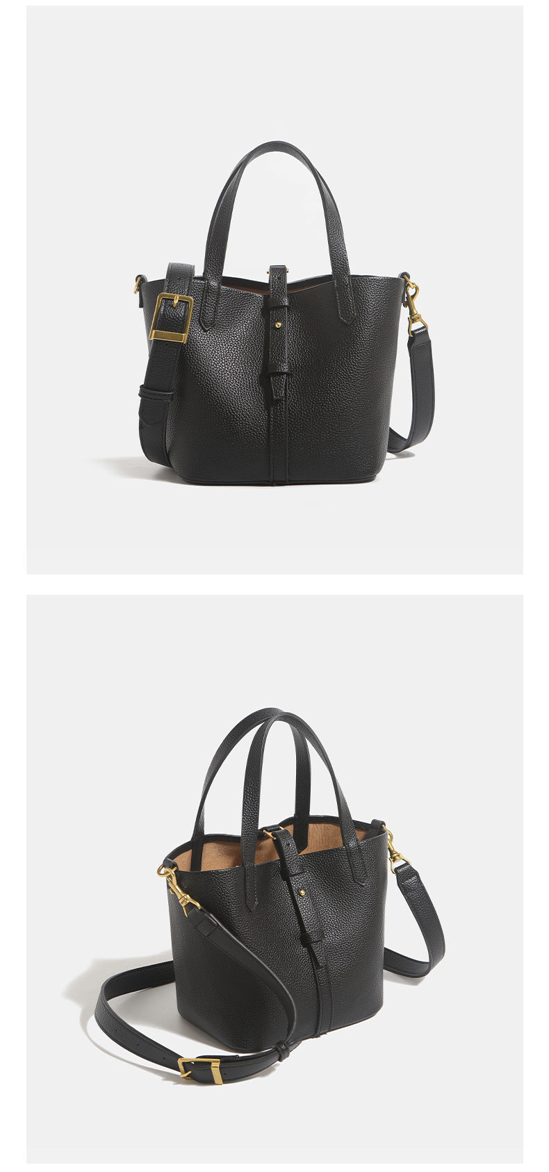 Small structured pebbled leather-look bucket tote bag with dual top handles and silver-tone hardware, detail view 10
