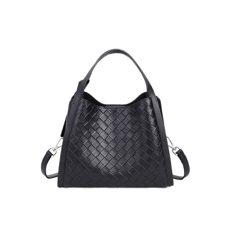 Black woven leather-look bucket tote bag with dual top handles and detachable shoulder strap, silver-tone hardware and zip