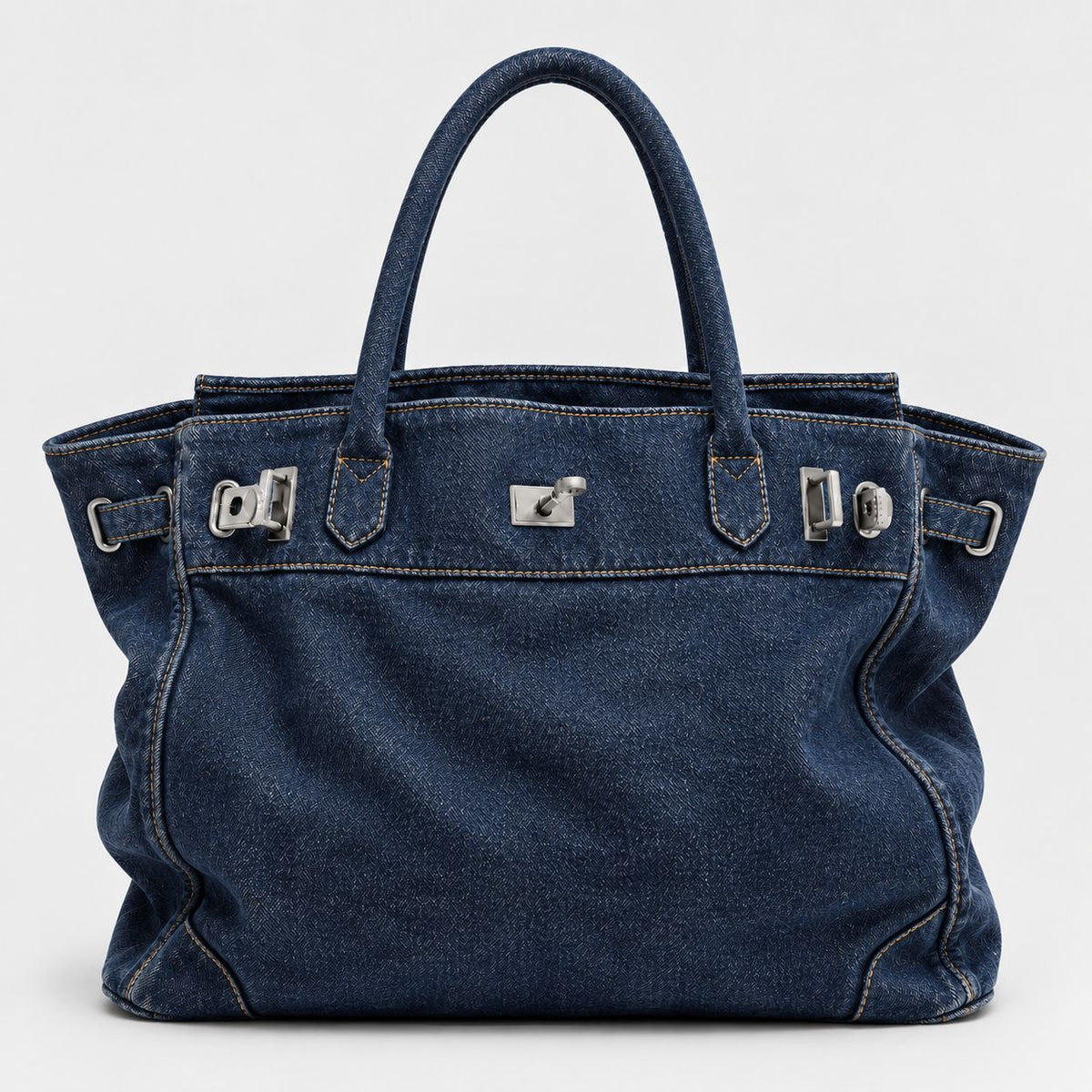 Large structured tote bag with turn-lock closure, silver-tone buckle hardware, and twin rolled handles, detail view 11