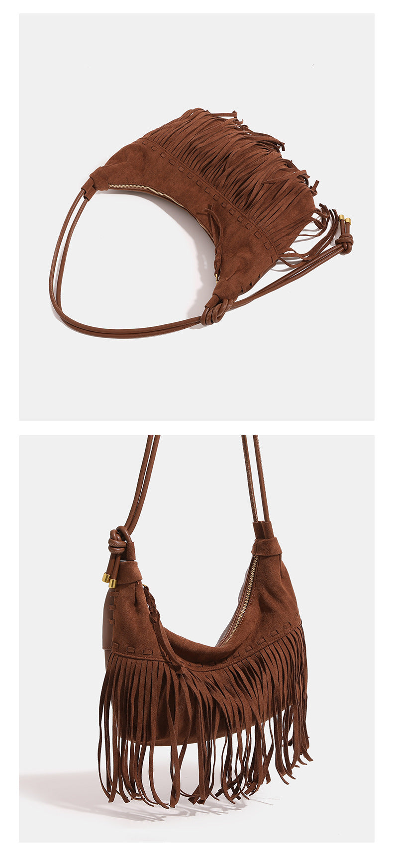 Slouchy fringe hobo shoulder bag in matte suede-like finish with tie-knot cord strap and gold-tone zip closure, detail view