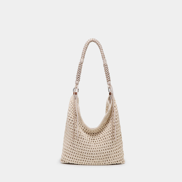Große gewebte Hobo-Schultertasche in Creme mit geflochtenem Kordelriemen und silberfarbenen Ringdetails, Detailansicht 6