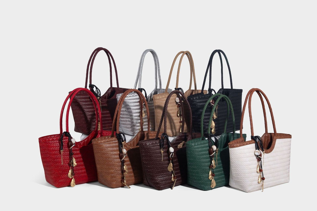 Large open-top woven tote bag with contrasting braided double handles and matching drawstring pouch, detail view 20
