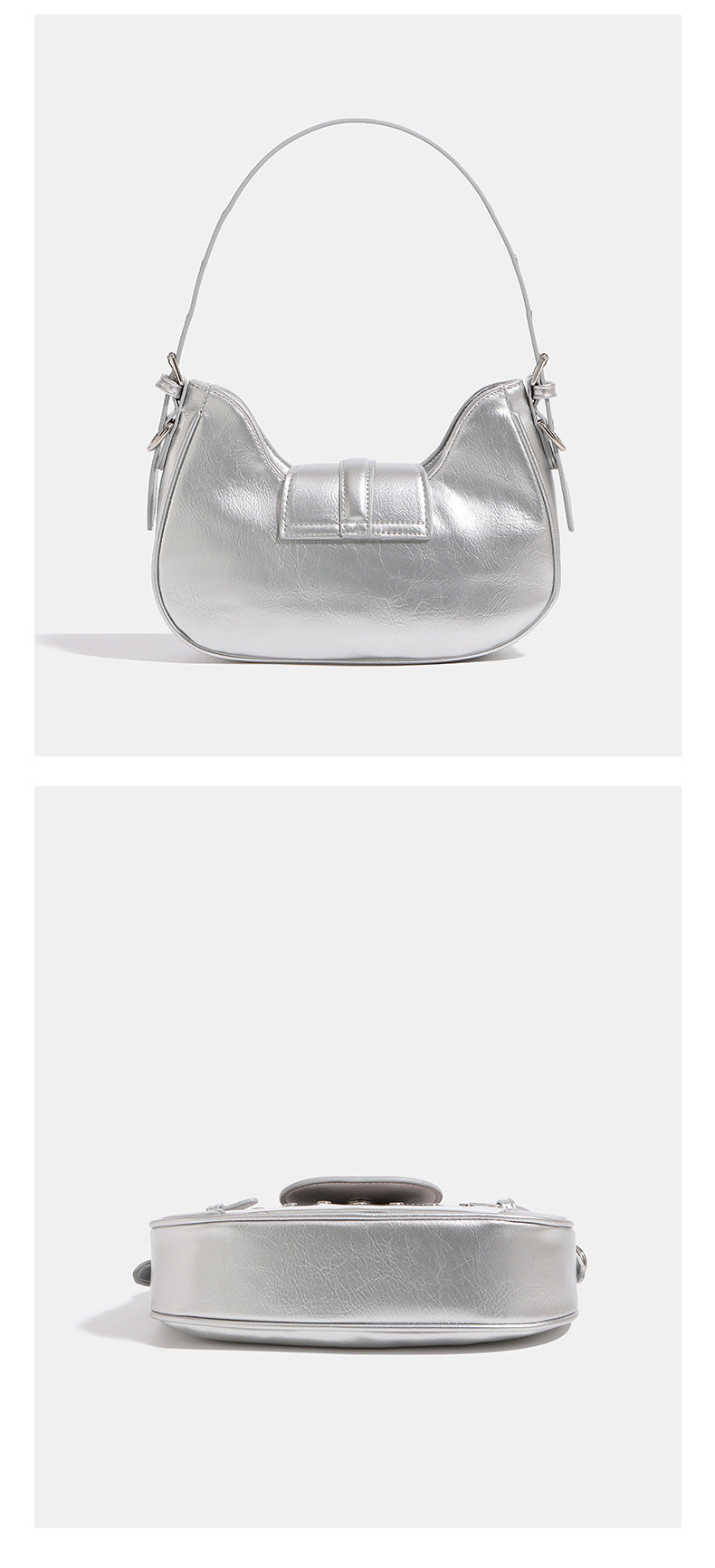 Compact croc-embossed leather-look shoulder bag with silver grommet trim, buckle strap detail, and four-point star turn-lock
