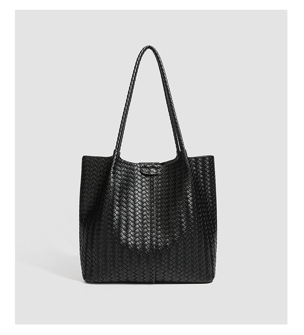 Large black basket-weave leather-look tote bag with long braided shoulder straps and matching woven zip pouch, detail view 12