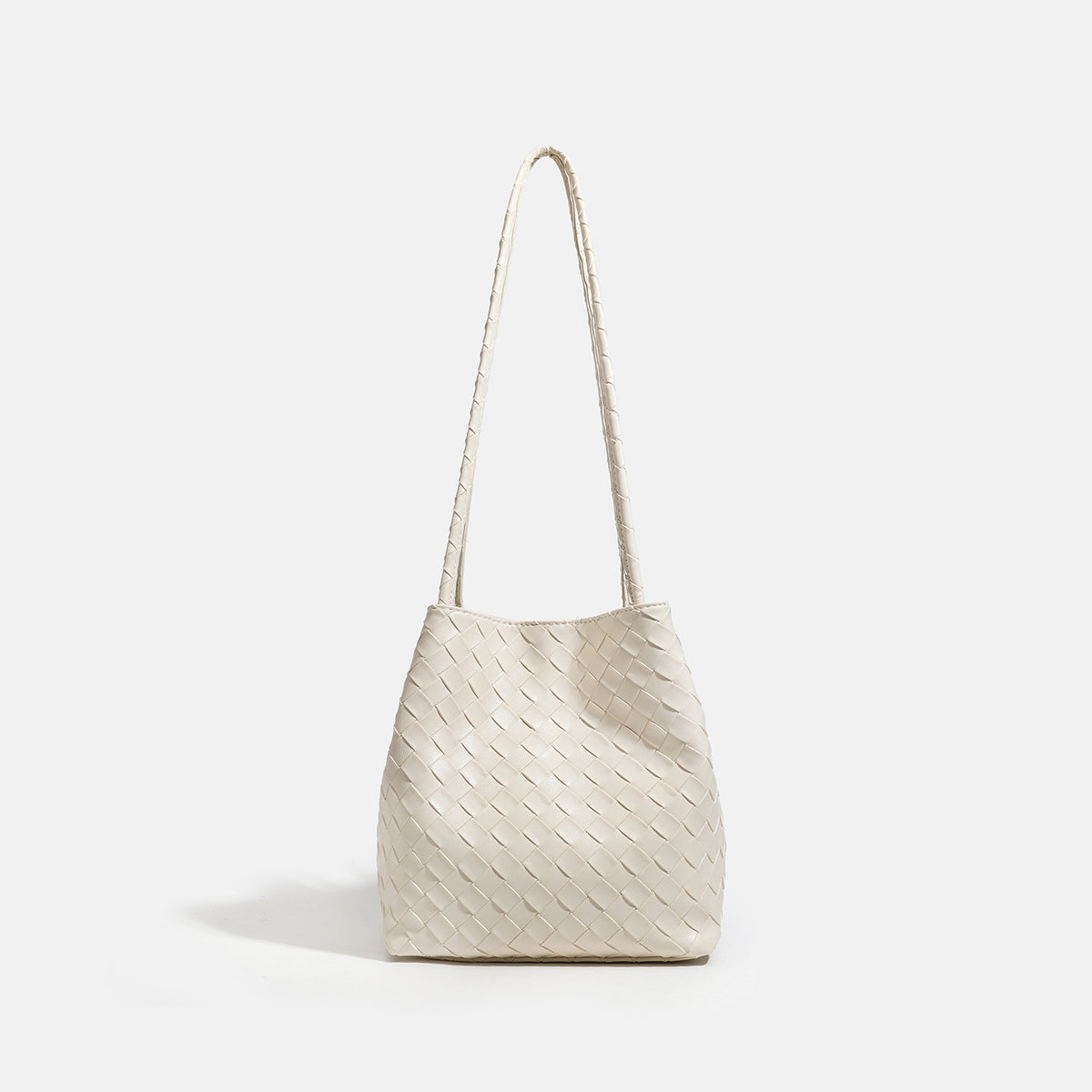 Glossy basket-weave leather-look shoulder tote bag with long braided straps and open top, detail view 7