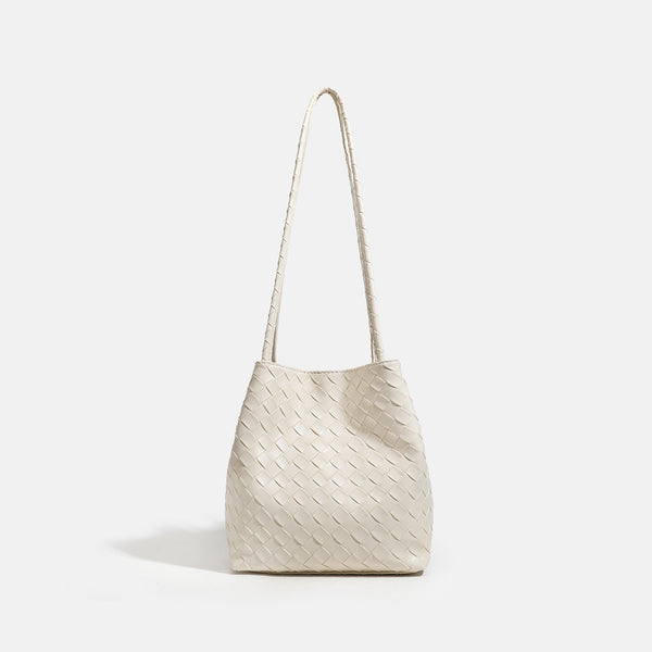 Glossy basket-weave leather-look shoulder tote bag with long braided straps and open top, detail view 7