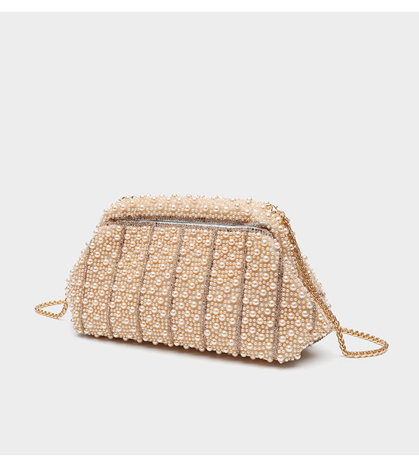 Structured faux-pearl beaded evening clutch bag with silver-tone chain strap and top zip closure, detail view 18