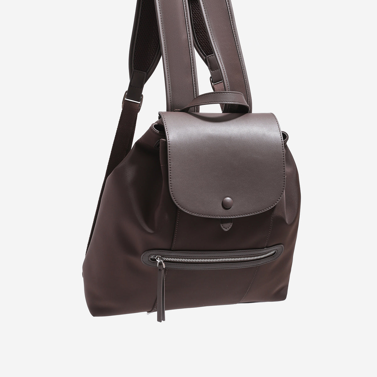 Large flap-top nylon backpack with leather-look trim, snap closure, front zip pocket, and padded shoulder straps, detail view