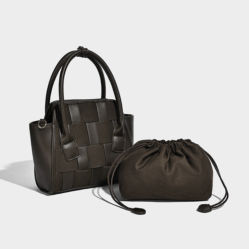 Small structured woven-panel mini tote bag with double top handles and detachable crossbody strap in matte leather-look