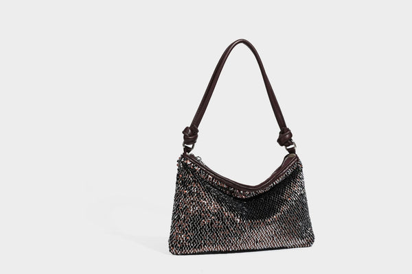 Small sequin hobo shoulder bag with knotted strap and zip closure, detail view 31