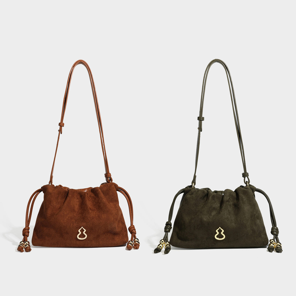 Suede-look drawstring shoulder bag in brown with smooth trim, knotted bead drawstring closure, slim adjustable strap, and