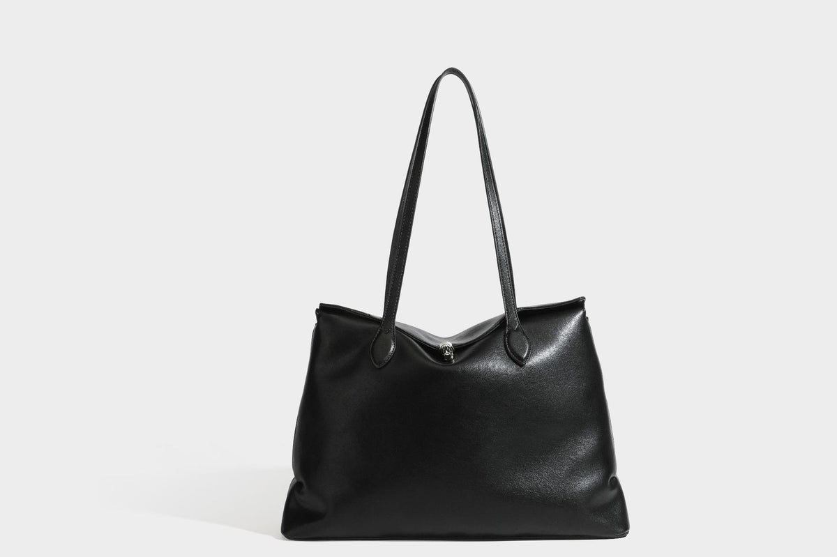Large leather-look tote shoulder bag with slim double straps and silver-tone turn-lock closure, detail view 25