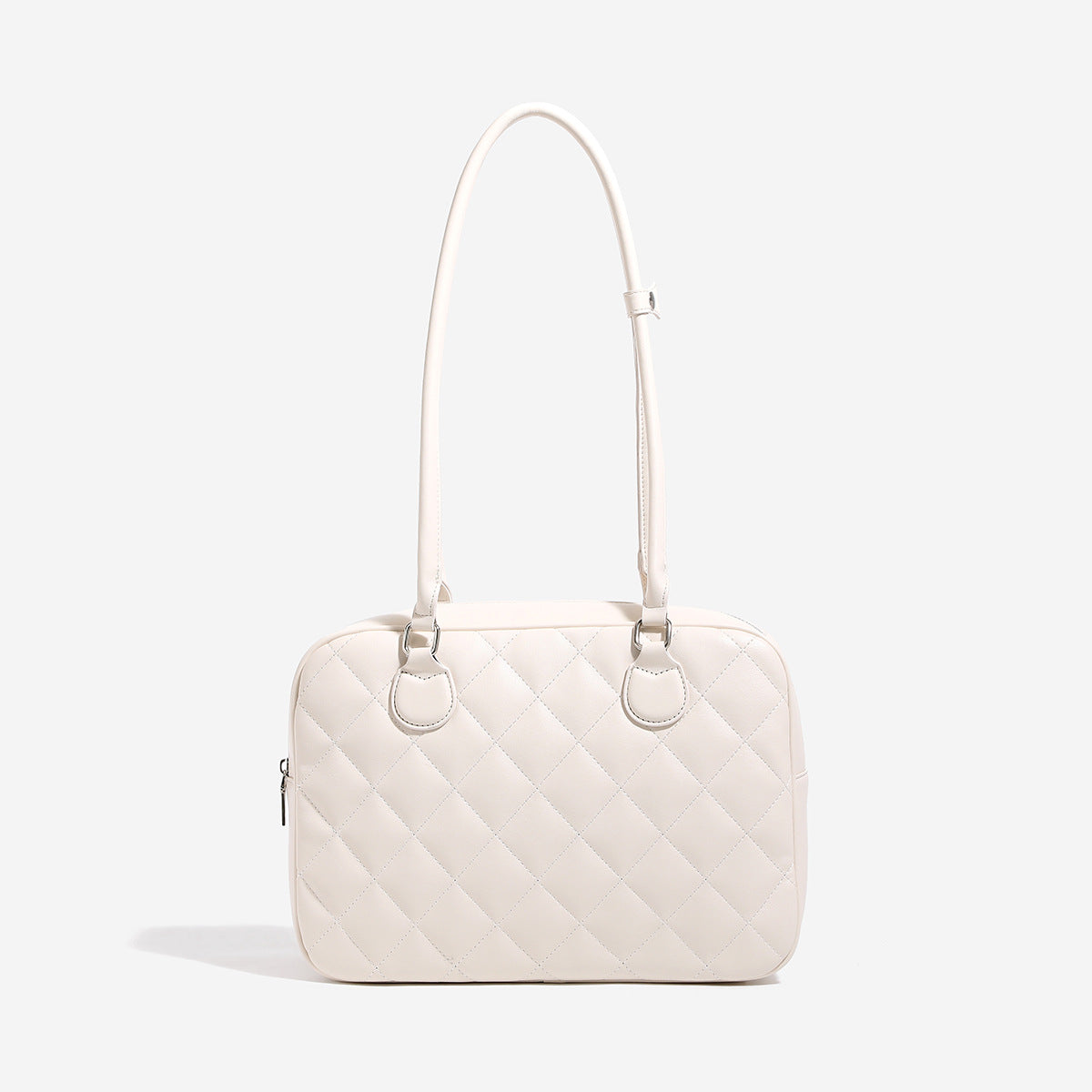 Structured quilted diamond-stitch bowling shoulder bag with glossy leather-look finish, top zip closure, and silver-tone