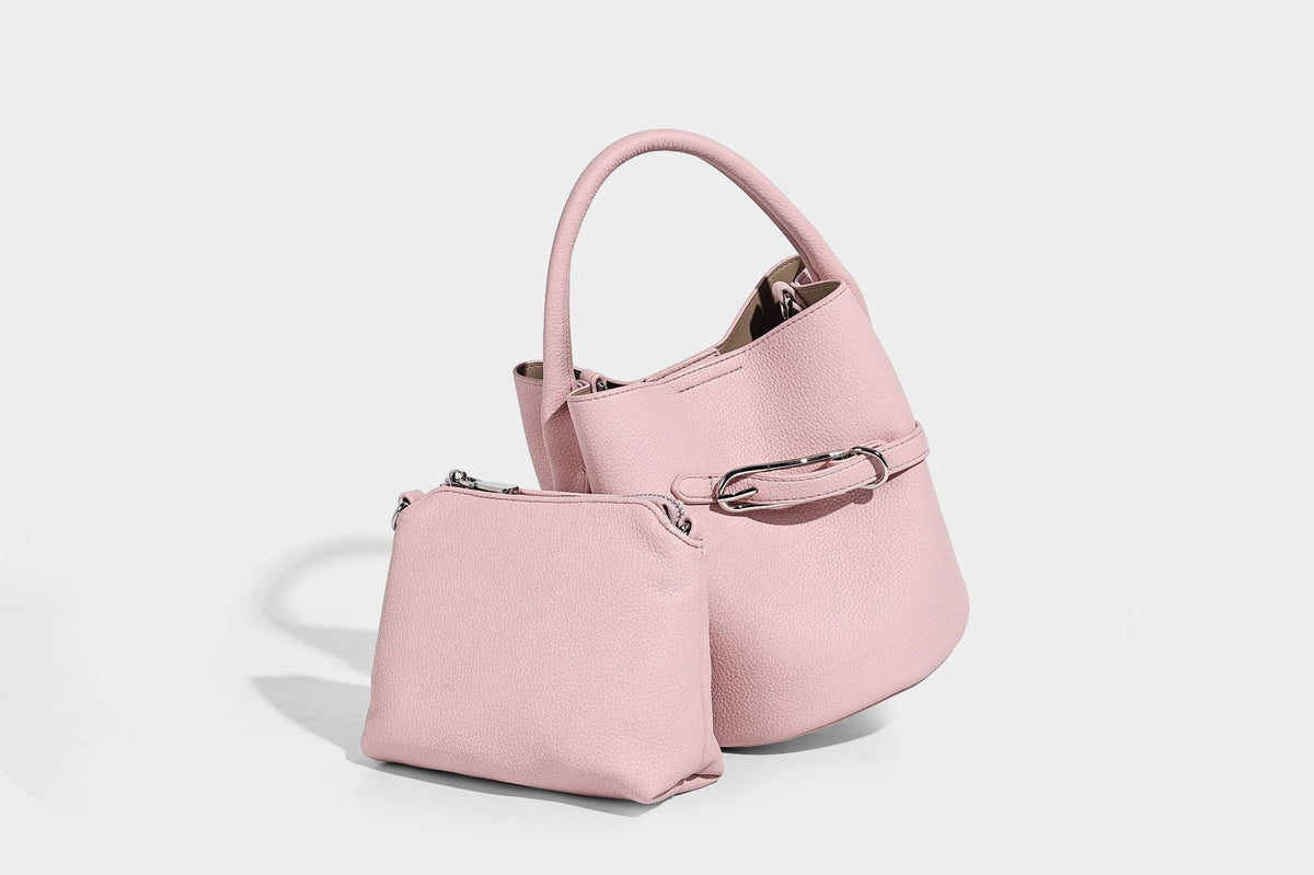 Mini pebbled leather-look bucket bag with front buckle strap, silver-tone hardware, top handle, and detachable shoulder