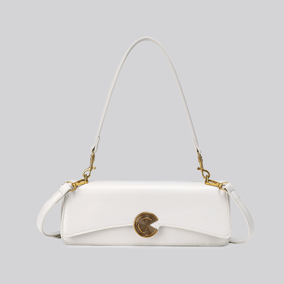 Structured rectangular flap bag with gold-tone circular turn-lock closure and detachable crossbody strap, detail view 7