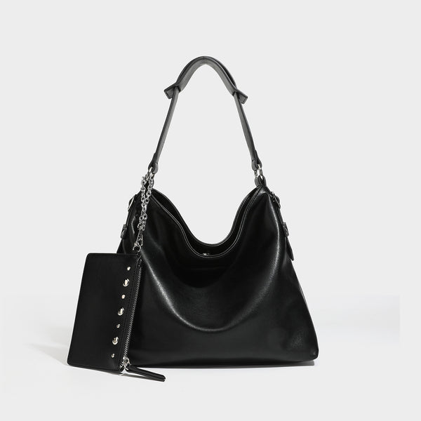 Large slouchy hobo shoulder bag in dark brown with smooth leather-look finish, adjustable strap, and silver-tone hardware