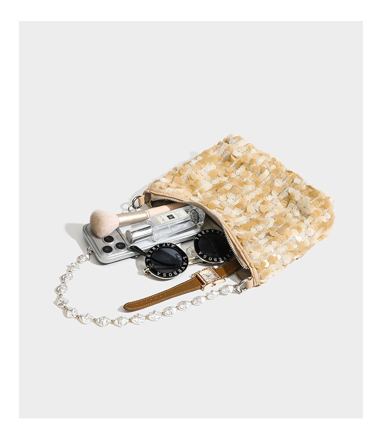 Champagne and ivory large-disc sequin shoulder bag with baroque faux-pearl beaded chain strap and silver-tone zip closure