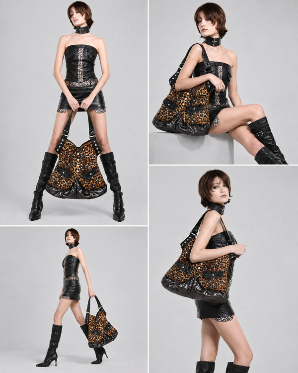 Corset-silhouette leopard-print shoulder bag with crystal and pearl-look stud hardware, front zip flap pockets, and, detail