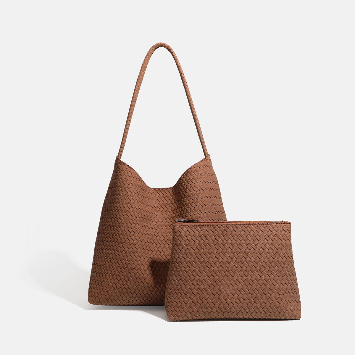 Large woven hobo shoulder bag with braided strap and matching zip pouch in dark brown, detail view 8