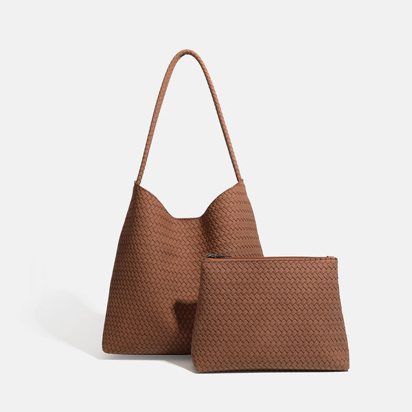 Large woven hobo shoulder bag with braided strap and matching zip pouch in dark brown, detail view 8