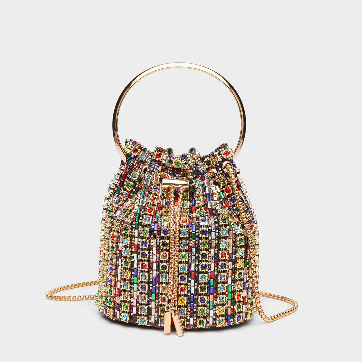 Mini crystal rhinestone bucket bag with circular ring top handle, drawstring closure, and silver chain shoulder strap, detail