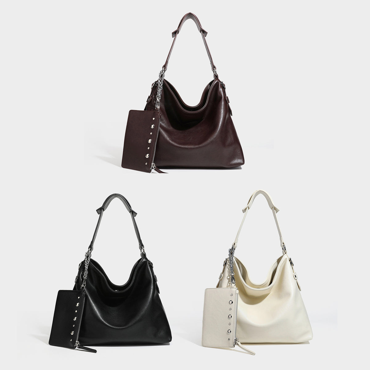 Large slouchy hobo shoulder bag in dark brown with smooth leather-look finish, adjustable strap, and silver-tone hardware