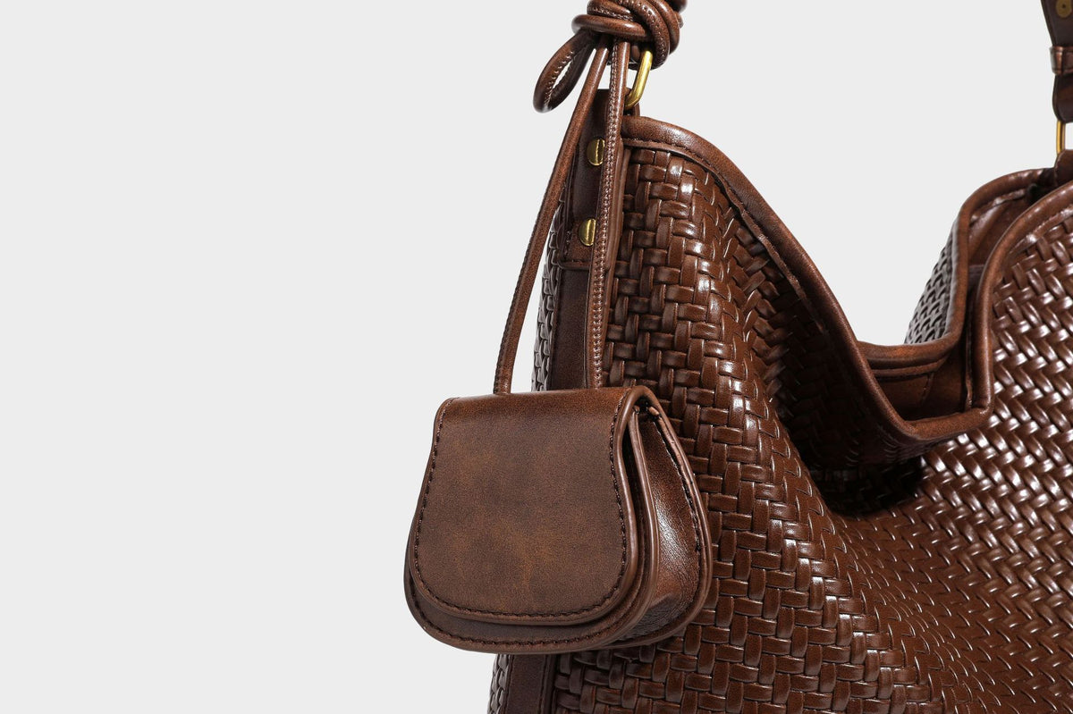 Woven-look slouchy hobo shoulder bag in brown with attached mini pouch and gold-tone hardware, detail view 32