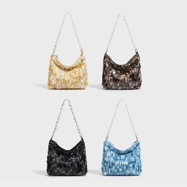 Small crescent sequin shoulder bag with pearl beaded strap and zip closure, detail view 10