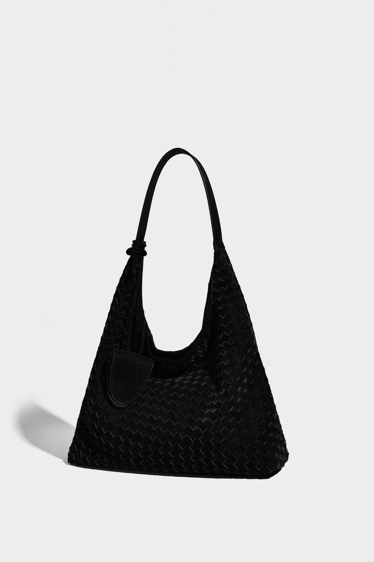 Slouchy woven hobo shoulder bag with knotted strap and matte leather-look textured finish, detail view 18