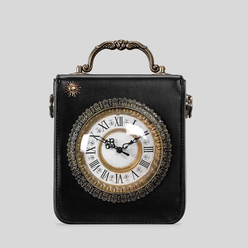 Small structured rectangular crossbody bag with ornate antique-style clock face and brass hardware in, detail view 6