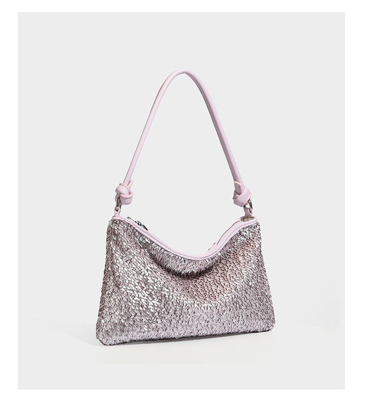 Small sequin hobo shoulder bag with knotted strap and zip closure, detail view 18