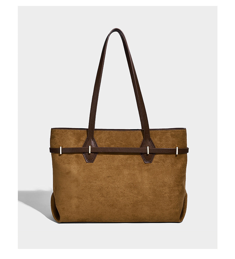 Structured suede-look shopper tote with wraparound belt strap and gold turn-lock clasp, long dark brown shoulder handles