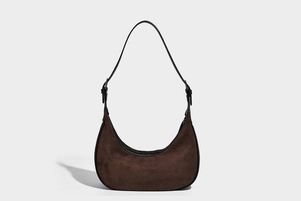 Crescent hobo shoulder bag in matte suede-look finish with black trim and adjustable strap, detail view 24