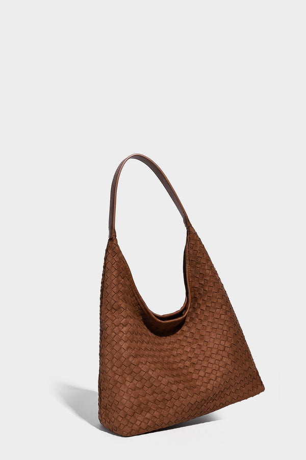 Large slouchy woven hobo tote bag with curved shoulder strap and triangular silhouette, detail view 25