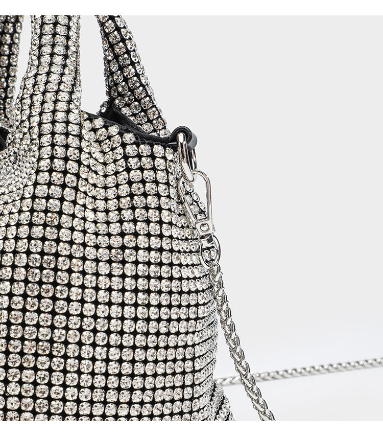 Small all-over rhinestone crystal bucket bag with twin handles and detachable chain shoulder strap, detail view 25