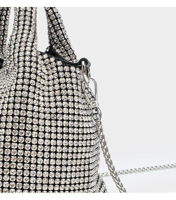 Small all-over rhinestone crystal bucket bag with twin handles and detachable chain shoulder strap, detail view 25