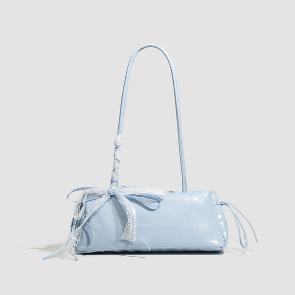 Compact glossy leather-look shoulder bag with lace bow and ribbon trim, detail view 7