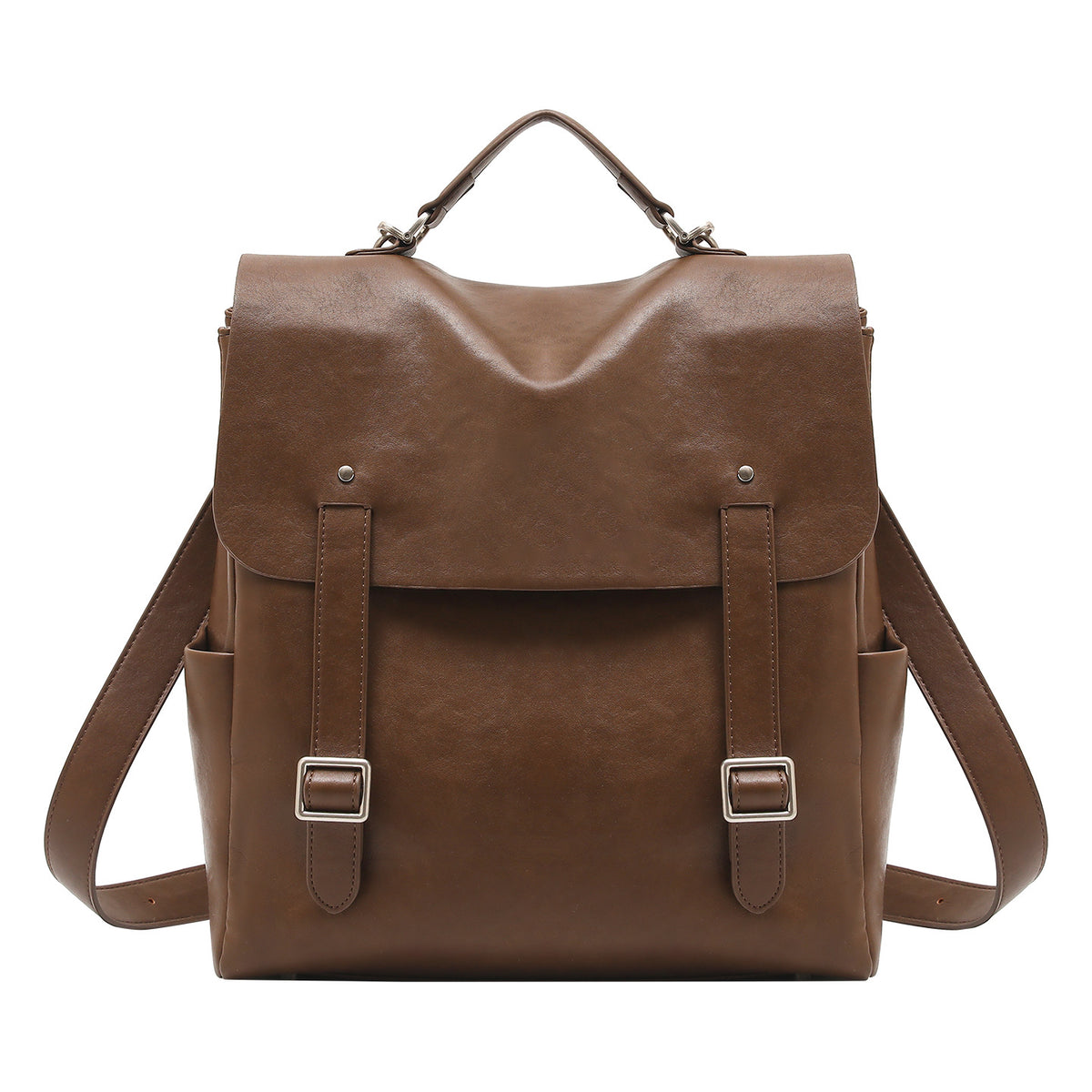 Structured flap backpack handbag in smooth leather-look finish with buckle front pocket, top handle, and silver-tone