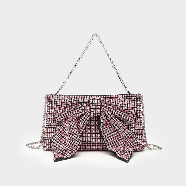 Kleine rechteckige Clutch zum Umhängen mit Schleife, vollständig mit Strasssteinen besetzt, silberfarbenem Kettenriemen, Detailansicht 9