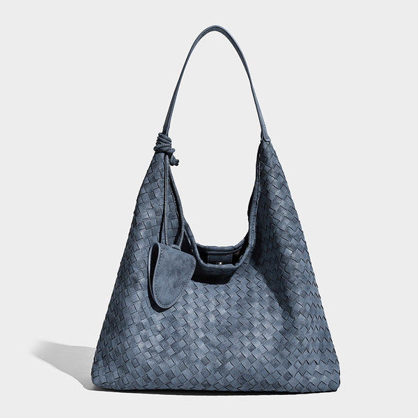 Slouchy woven hobo shoulder bag with knotted strap and matte leather-look textured finish, detail view 3
