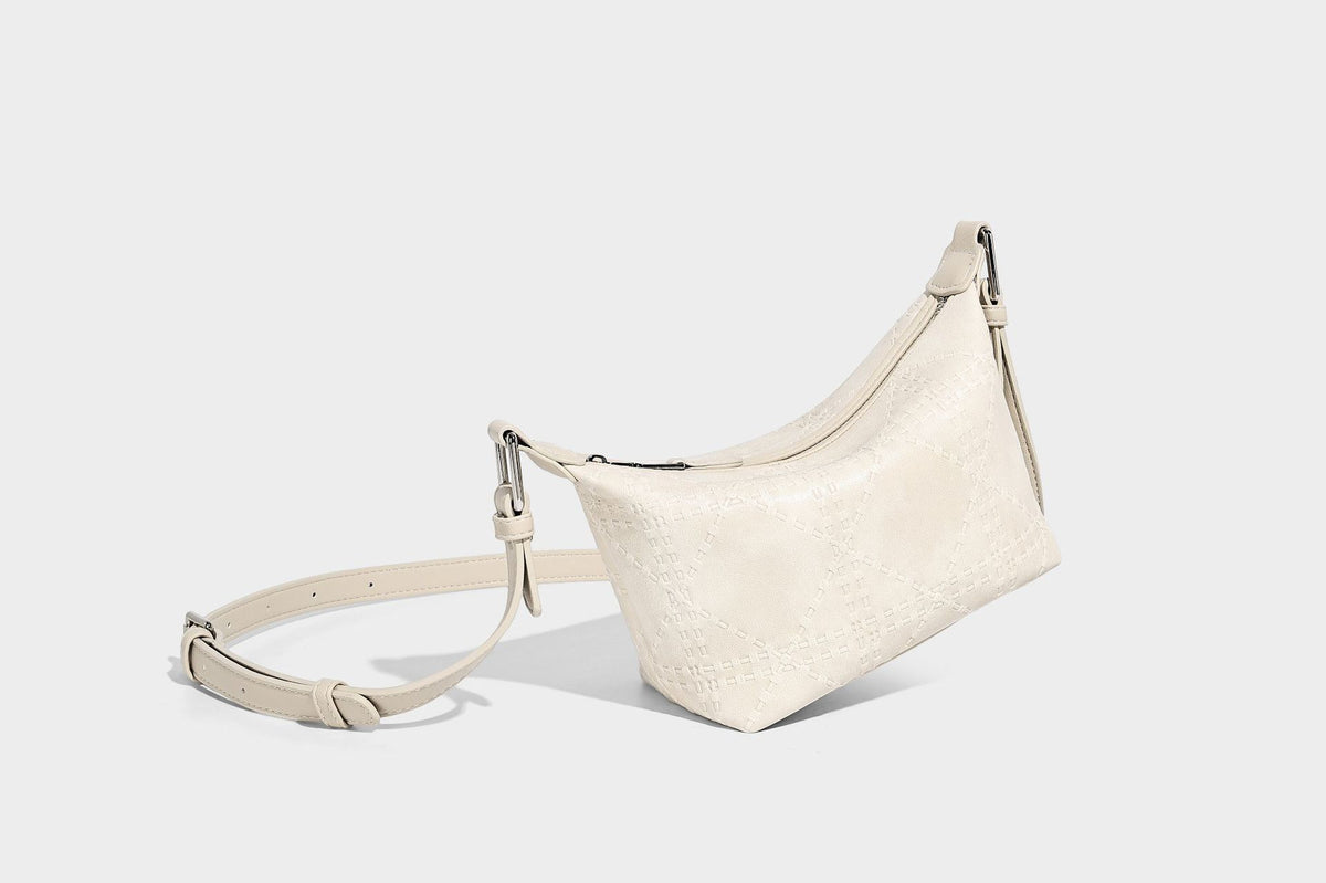 Small embossed half-moon shoulder bag with top zipper, detachable front pouch, and adjustable slim strap, detail view 20