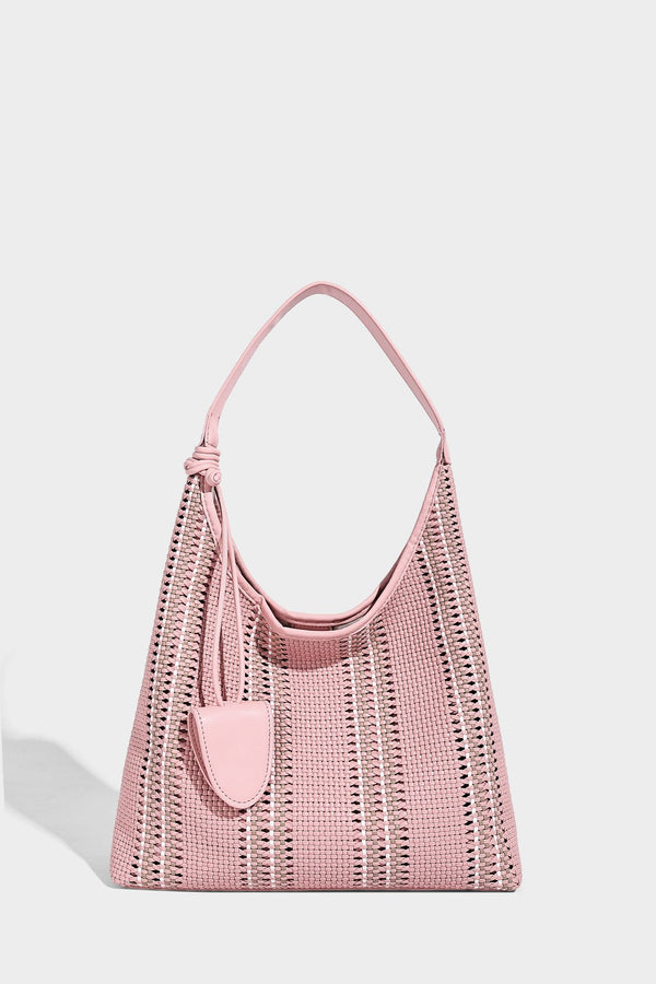 Woven striped slouch shoulder tote bag with knotted strap and attached front flap pouch, detail view 29