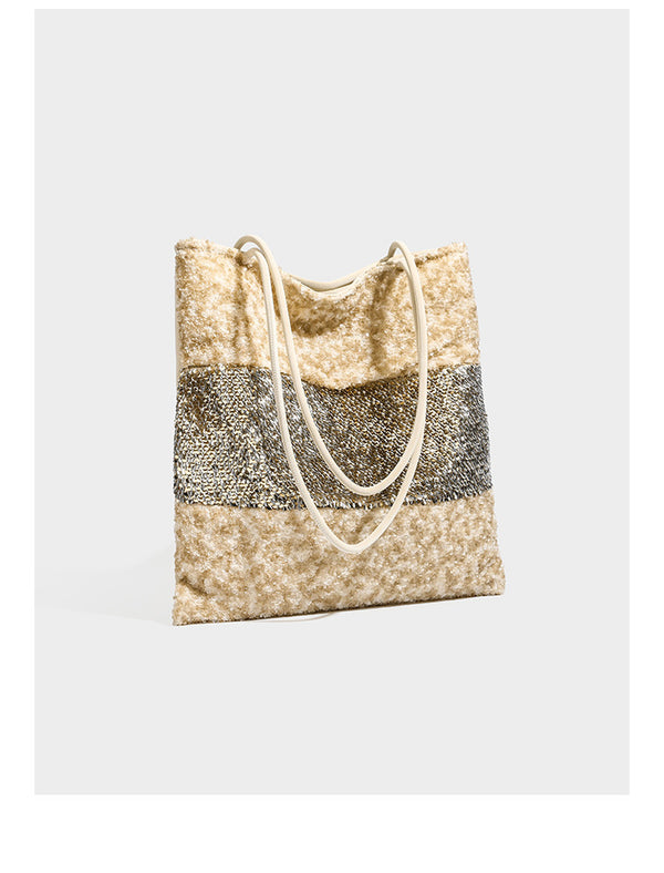 Soft rectangular sequin tote bag with colorblock metallic panels and long slim shoulder straps, detail view 7